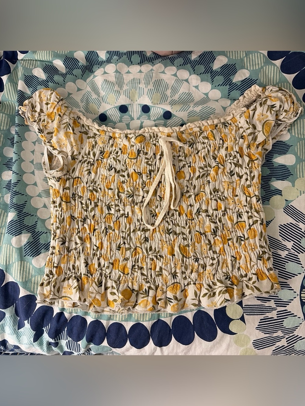Yellow & white lemon print crop top with ruffles